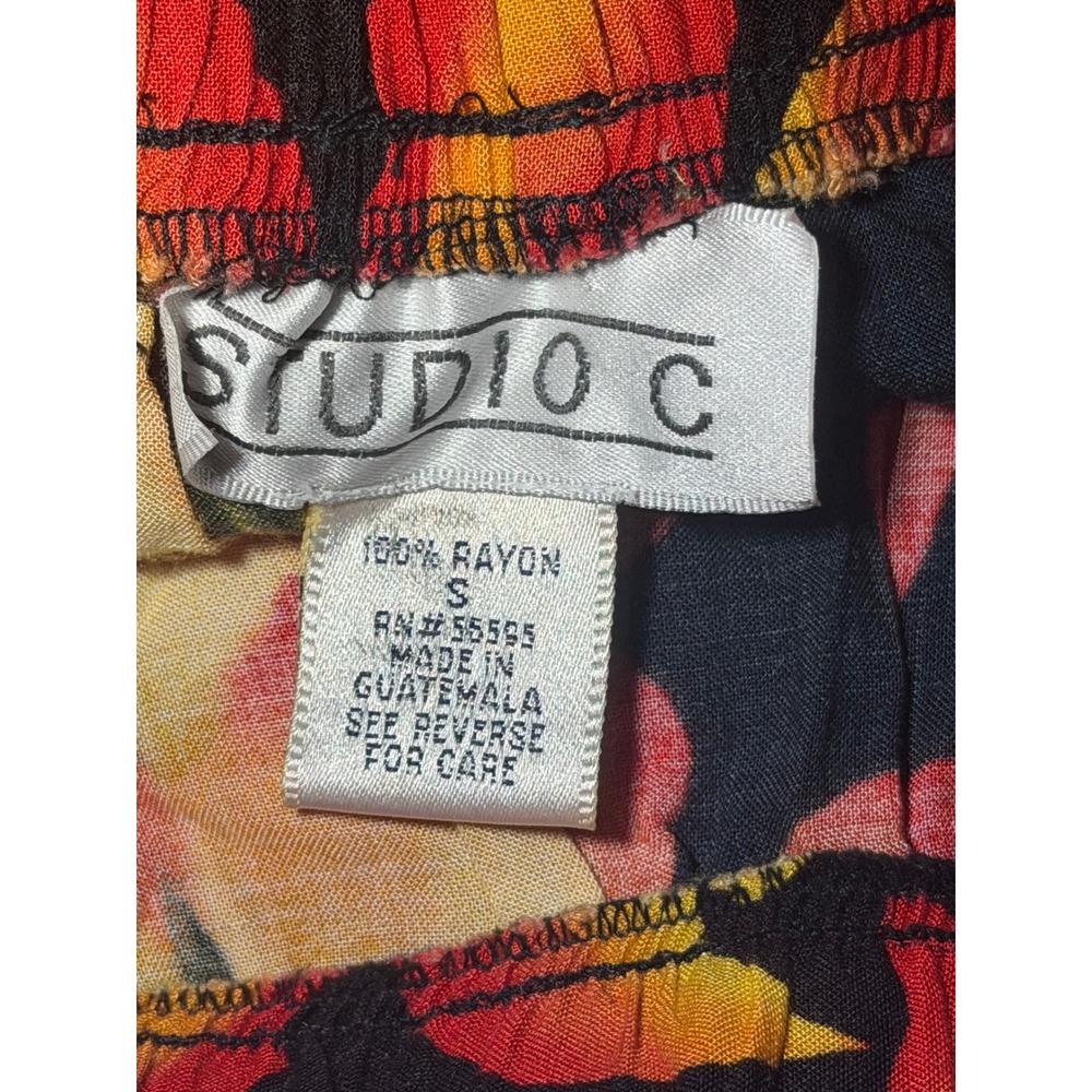 Studio C Womens Small Tropical Floral Rayon Pants Orange Yellow Black Elastic - Picture 7 of 7